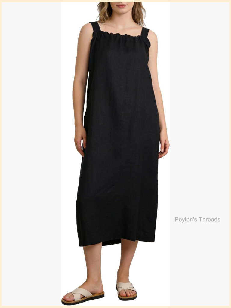 100% Linen Square Neck Sleeveless Tie Straps Midi Dress Pockets